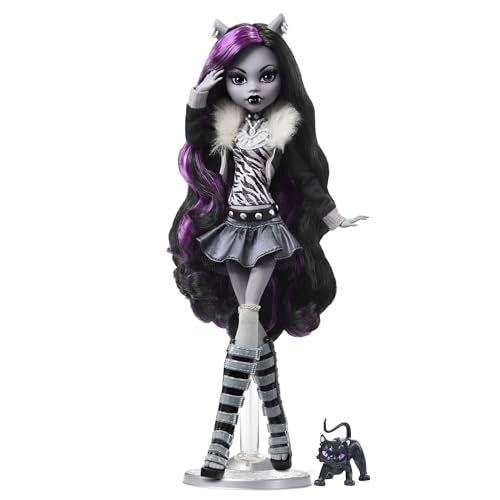 MONSTER HIGH دمية دراما الوحش العالية، كلودين وولف بالأبيض والأسود، نسخة قابلة للجمع مع ملصقات بحجم الدمية وحجم الحياة، موضوع فيلم رعب - Image 1