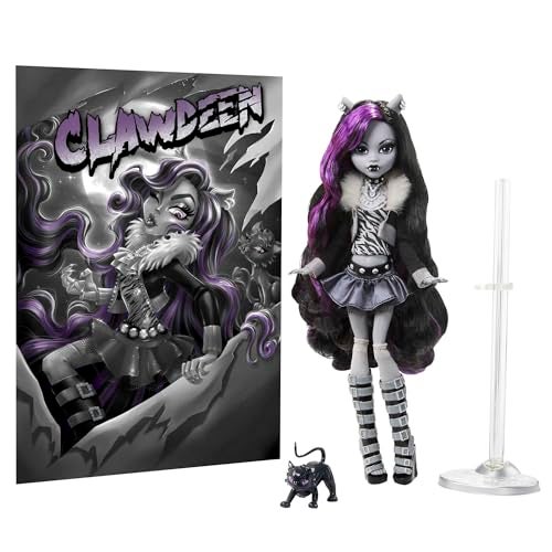 MONSTER HIGH دمية دراما الوحش العالية، كلودين وولف بالأبيض والأسود، نسخة قابلة للجمع مع ملصقات بحجم الدمية وحجم الحياة، موضوع فيلم رعب - Image 5