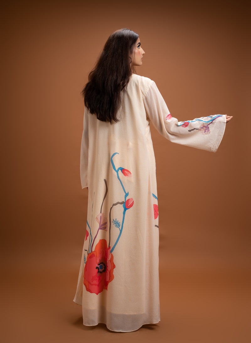 AINSIABI Mirab Cream Embroidered Kaftan for Women – Elegant Floral Kaftan Style Modest Dress | Islamic Maxi Gown for Eid Ramadan | Muslim Long Sleeve Robe - Image 2