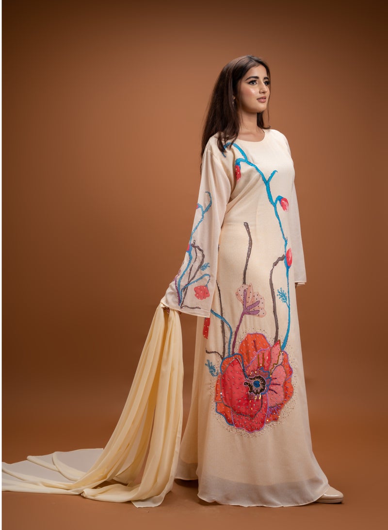 AINSIABI Mirab Cream Embroidered Kaftan for Women – Elegant Floral Kaftan Style Modest Dress | Islamic Maxi Gown for Eid Ramadan | Muslim Long Sleeve Robe - Image 1