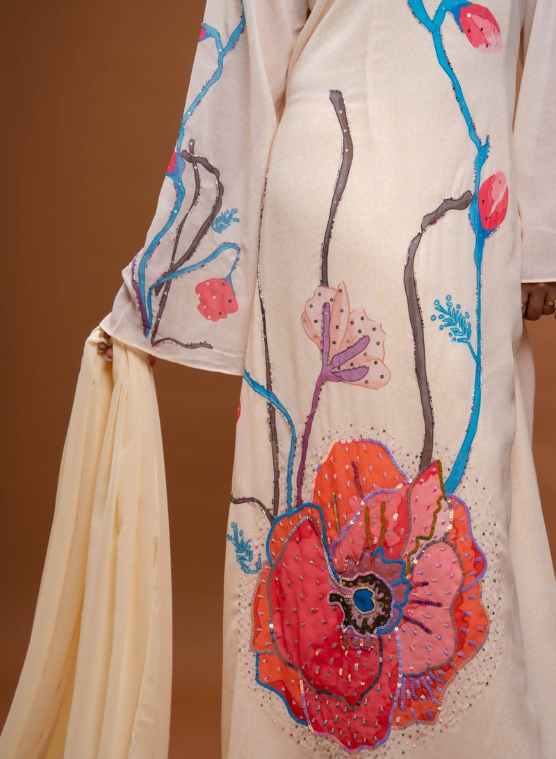 AINSIABI Mirab Cream Embroidered Kaftan for Women – Elegant Floral Kaftan Style Modest Dress | Islamic Maxi Gown for Eid Ramadan | Muslim Long Sleeve Robe - Image 3