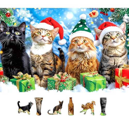 MINIWAN 500 Piece Christmas Cats Jigsaw Puzzle for Adults Festive Animal Winter Scene Holiday Puzzle with Letters on Back Vintage Fun Santa Hats Kitten Family Challenging Puzzles Game for Seniors Adults - Image 1