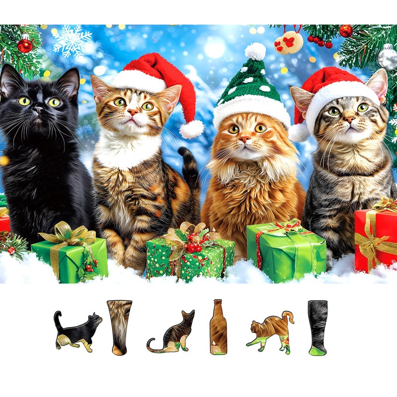 MINIWAN 500 Piece Christmas Cats Jigsaw Puzzle for Adults Festive Animal Winter Scene Holiday Puzzle with Letters on Back Vintage Fun Santa Hats Kitten Family Challenging Puzzles Game for Seniors Adults - Image 3