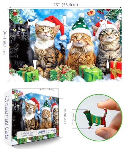 MINIWAN 500 Piece Christmas Cats Jigsaw Puzzle for Adults Festive Animal Winter Scene Holiday Puzzle with Letters on Back Vintage Fun Santa Hats Kitten Family Challenging Puzzles Game for Seniors Adults - Image 5