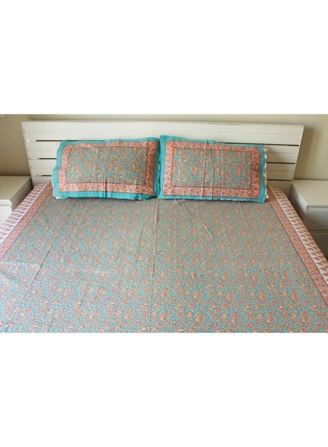 IndiaWeaves Bedsheet and 2 pillow covers orange and light blue printed - Image 2