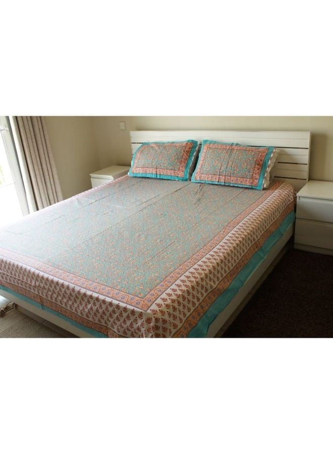 IndiaWeaves Bedsheet and 2 pillow covers orange and light blue printed - Image 1