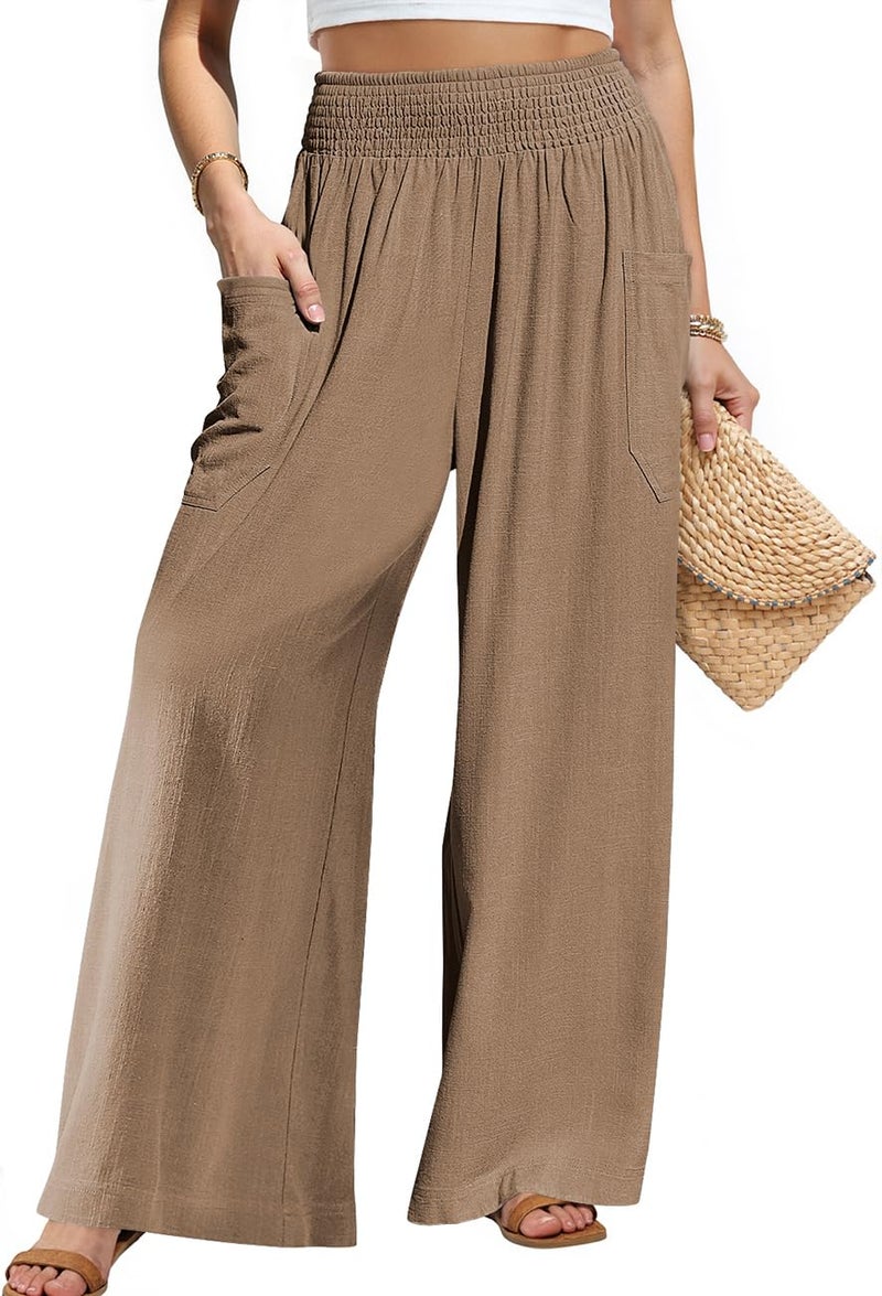 TARSE Womens Summer High Waisted Cotton Linen Palazzo Pants Wide Leg Long Lounge Pant Trousers with Pocket Coffee - Image 1