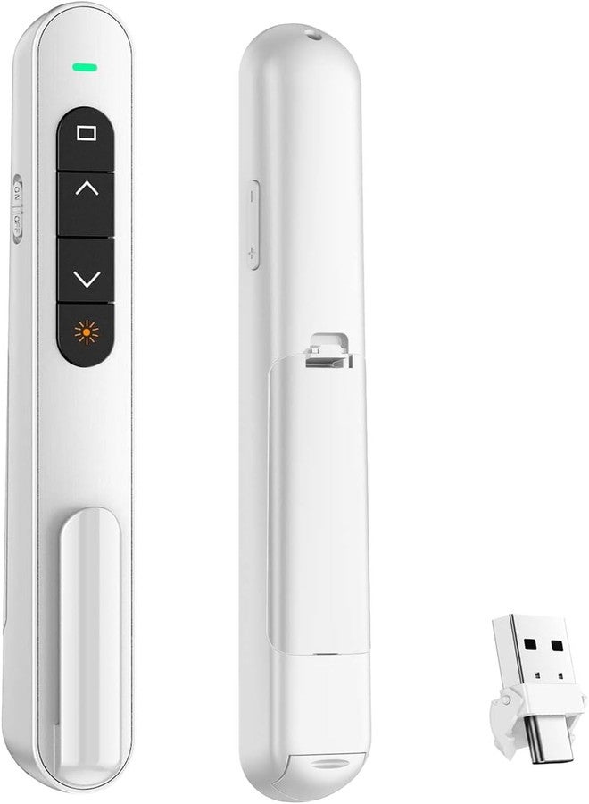 rts USB Type-C Laser Pointer Presentation Clicker with Volume Control, Clicker for PowerPoint Presentations RF 2.4GHz USB Slide Advancer Control for, Slide, Keynote, PPT Mac, Computer, Laptop (White) - Image 1