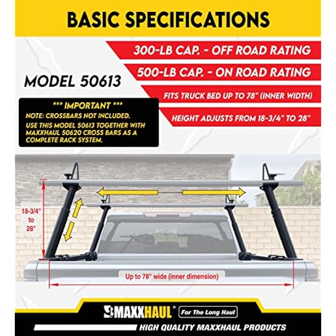 rayihni MaxxHaul Universal Aluminum Truck Ladder Lumber Pipe Contractor Rack 500 lb Capacity 17" to 28" Adjustable Height w/Mounting Clamps No-Drill Installation for Pickup Trucks - CrossBars Sold Separately - Image 3