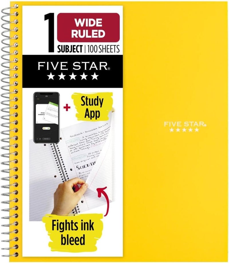 Five Star Spiral Notebook + Study App, 1 Subject, Wide Ruled Paper, 8" x 10-1/2", 100 Sheets, Fights Ink Bleed, Water Resistant Cover, Vivid Yellow (930010CJ1) - Image 1