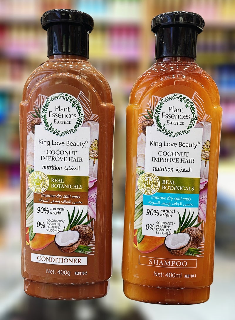 King Love Beauty Coconut Improve Hair Nutrition 90% Natural Origin Shampoo & Conditioner Set 400ml – Nourishes and Strengthens Hair