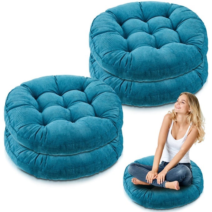 4 PCS FLOOR PILLOWS CUSHIONS 22 X 22 INCH ROUND SQUARE LARGE MEDITATION FLOOR PILLOW FOR ADULTS MEDITATION CUSHION FOR SEATING GIFT CHRISTMASAQUAMARINEROUND