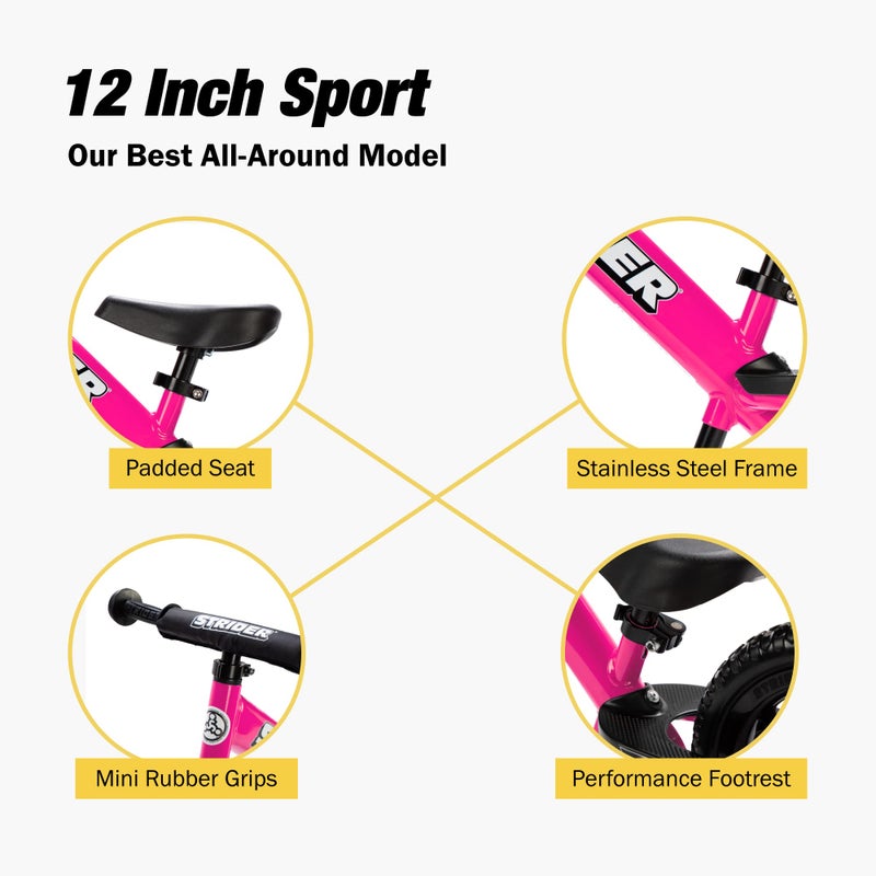 STRIDER دراجة سترادر الرياضية 12 بوصة، وردي - دراجة توازن بدون دواسات للأطفال من 1 إلى 4 سنوات - تشمل وسادة أمان، مقعد مبطن، مقابض صغيرة وإطارات غير قابلة للثقب - تجميع وتعديلات بدون أدوات - Image 3