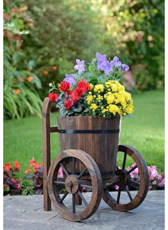 LINGWEI Rustic Wooden Planter with Two Wheels 35x65x65cm Decorative Flower Pot and Garden Flower Bucket Trolley Shape - Image 1