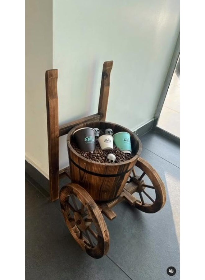 LINGWEI Rustic Wooden Planter with Two Wheels 35x65x65cm Decorative Flower Pot and Garden Flower Bucket Trolley Shape - Image 3
