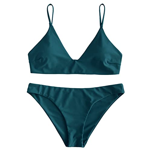 ZAFUL Women's Solid Spaghetti Strap Bralette Bikini Set Two Piece Swimsuit (0-Peacock Blue, M) - Image 1