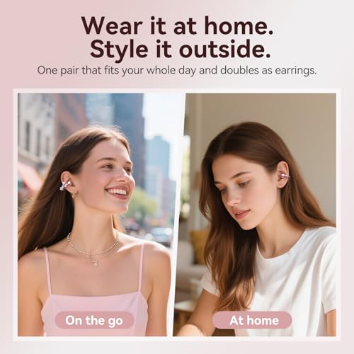 Kinglucky Jewelry-Inspired Clip-On Earbuds with Bow Earrings, Comfortable Fit & 50H Playtime Open Ear Bluetooth 5.4 Wireless Headphones for Women, Small Ears, Sports & Workouts (Pink) - Image 5