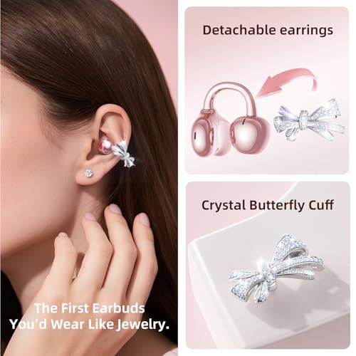 Kinglucky Jewelry-Inspired Clip-On Earbuds with Bow Earrings, Comfortable Fit & 50H Playtime Open Ear Bluetooth 5.4 Wireless Headphones for Women, Small Ears, Sports & Workouts (Pink) - Image 2