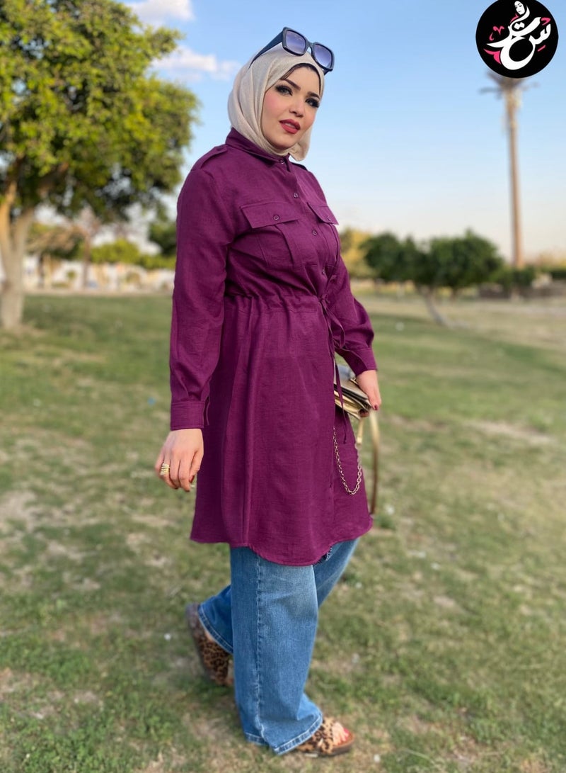 سِتر شيميز كتان طويل - بنفسجي - Image 2