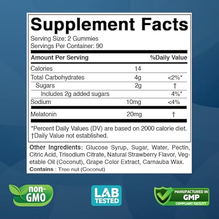 Vitabod Melatonin 20mg Gummies - 180 Count - Drug Free - Natural Strawberry Flavor - Vegetarian, Non-GMO, Gluten Free (1 Bottles) - Image 2