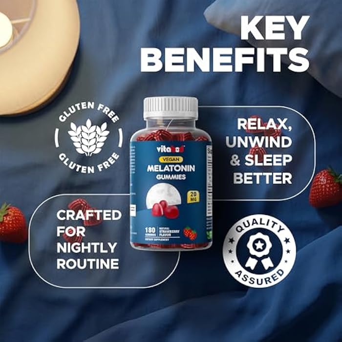 Vitabod Melatonin 20mg Gummies - 180 Count - Drug Free - Natural Strawberry Flavor - Vegetarian, Non-GMO, Gluten Free (1 Bottles) - Image 5