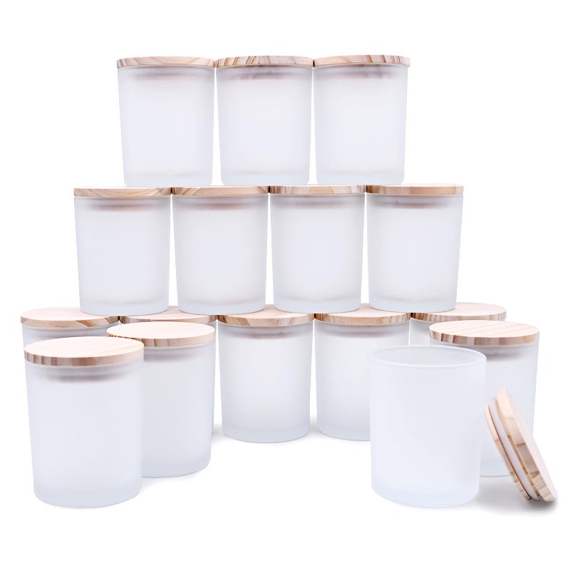 SHOWIN Thick Candle Jars for Making Candles 16 Pcs, 7 OZ Empty Jars with Wood Lids for Candle Making, Sample Container, Frosted White - Image 1