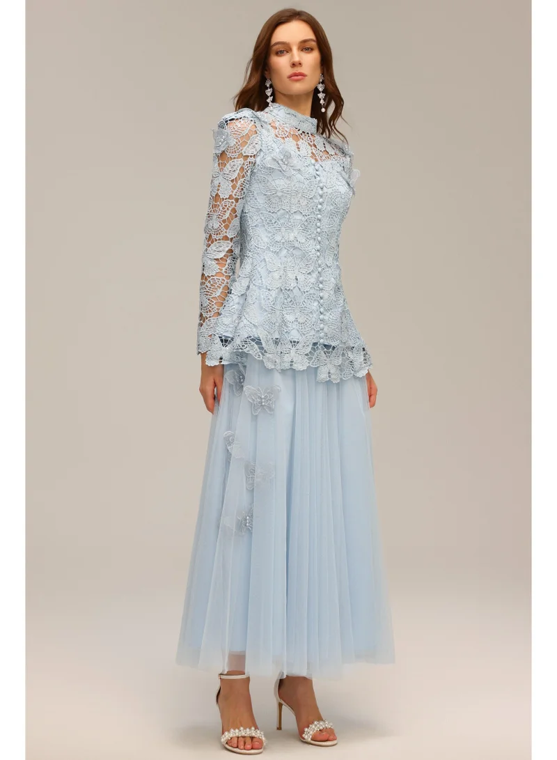 Bella Barnett Sabina Long Sleeve Folds Lace Butterfly Top And Skirt Two-Piece Set