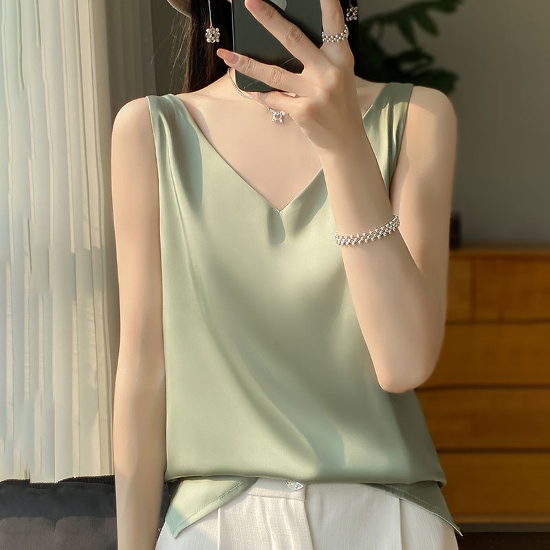 Silk Satin Camisole Top V-Neck Slim Fit Short - Image 3