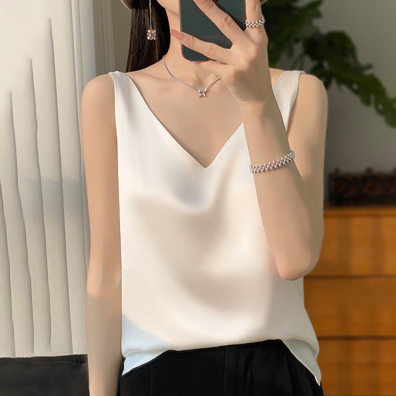 Silk Satin Camisole Top V-Neck Slim Fit Short - Image 1