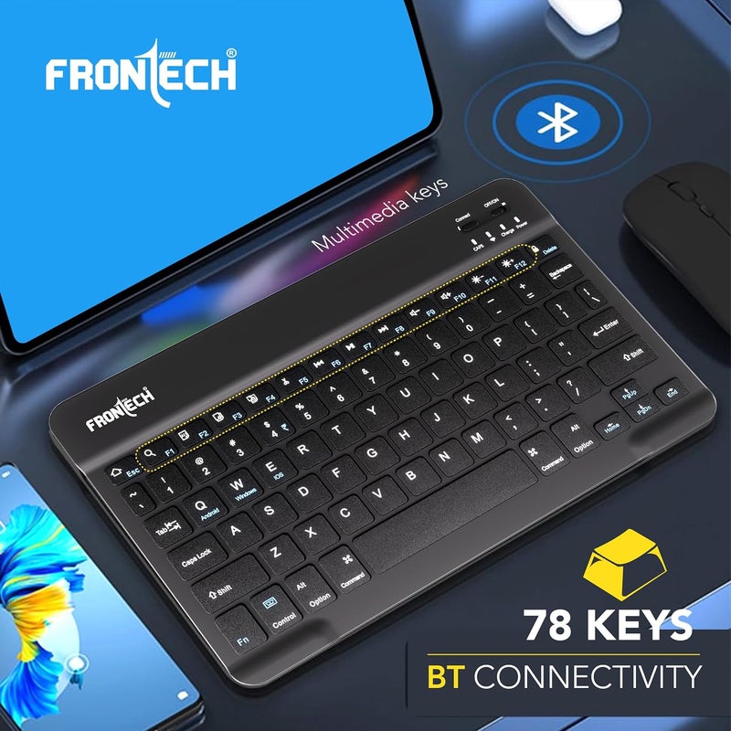 FRONTECH Ultra-Slim Wireless Mini Bluetooth Keyboard with 78 Keys, Rechargeable Battery, Compact Design for Windows/Mac/Android/iOS – (FT-1603) (Black) - Image 3