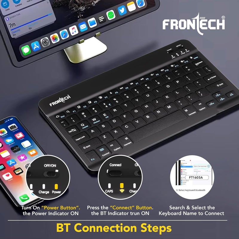FRONTECH Ultra-Slim Wireless Mini Bluetooth Keyboard with 78 Keys, Rechargeable Battery, Compact Design for Windows/Mac/Android/iOS – (FT-1603) (Black) - Image 5