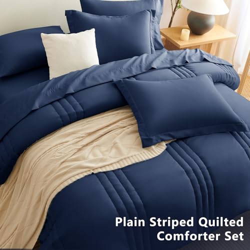 CozyLux King Size Comforter Sets - 7 Piece Bed in a Bag Navy Blue Comforter Set with Sheets Bed Set All Seasons, Soft Bedding Set with Down Alternative Comforter, Sheets, Pillowcases & Shams - Image 4