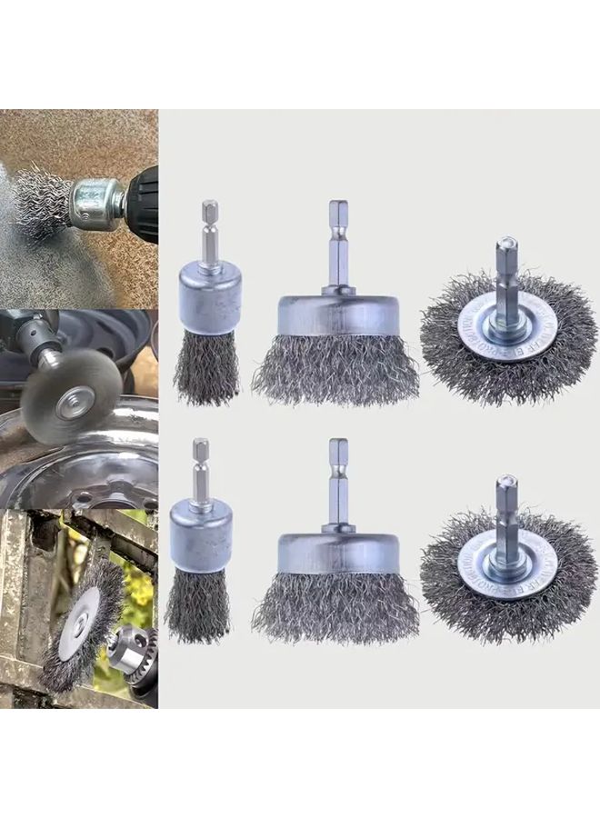 6pcs Carbon Steel Wire Wheel Brush Set With 1 4 Inch Hex Shank For Removing Rust - Image 1