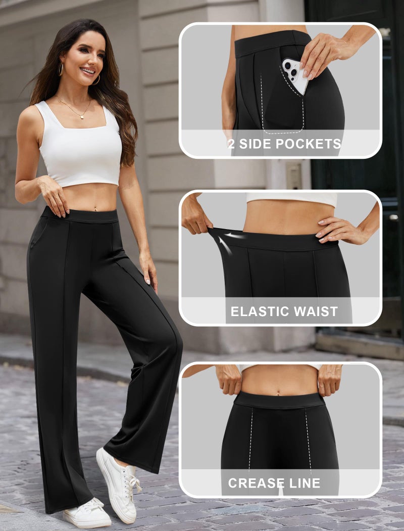 DLOODA Womens Dress Work Pants Business Casual Slacks Stretchy Wide Leg Trousers with Pockets High Waist Pull On Black - Image 5