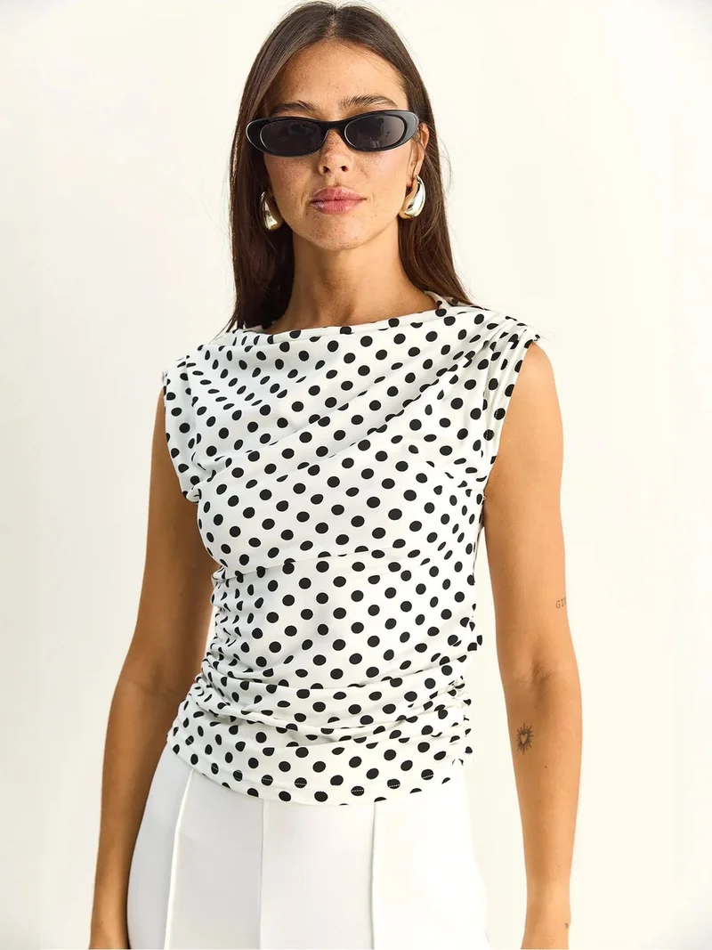 Bianco Lucci LUCCI Fitted Cowl Neck Polka Dot Blouse