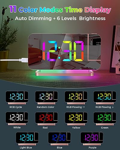 SZELAM Projection Alarm Clock,7.4 in LED Mirror Digital Clocks Projection on Ceiling Wall,with RGB Night Light,USB C Charging Port,Auto Dimming,Modern Desk Clock for Bedroom Decor - Rose Gold - Image 5