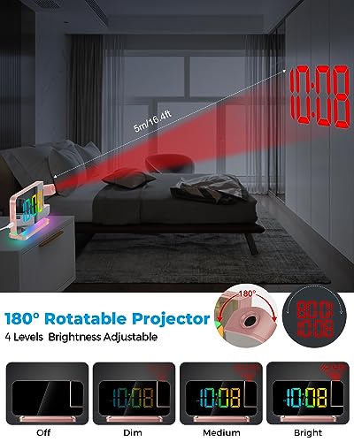 SZELAM Projection Alarm Clock,7.4 in LED Mirror Digital Clocks Projection on Ceiling Wall,with RGB Night Light,USB C Charging Port,Auto Dimming,Modern Desk Clock for Bedroom Decor - Rose Gold - Image 3