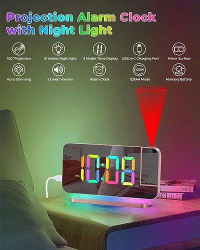 SZELAM Projection Alarm Clock,7.4 in LED Mirror Digital Clocks Projection on Ceiling Wall,with RGB Night Light,USB C Charging Port,Auto Dimming,Modern Desk Clock for Bedroom Decor - Rose Gold - Image 2