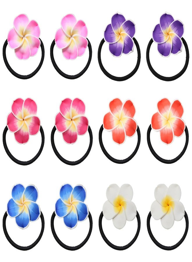 Honbay 12PCS Fashion Cute Frangipani Flower Elastic Hair Ties Polymer Clay Plumeria Flower Decorative Hair Ropes Floral Stretch Hair Bands Hair Rings Ponytail Holders Hawaii Hair Accessories for Women - Image 1