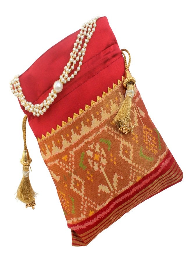 MILAN'S CREATION Pure Patola Silk Potli Bag Single Ikkat/Rajkoti Purse Beautiful Pearl Handle Tassels Women’s Handbag Royal Wedding Festival (Red- Tissue) - Image 5