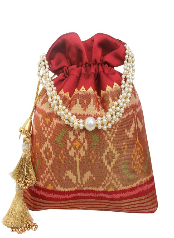 MILAN'S CREATION Pure Patola Silk Potli Bag Single Ikkat/Rajkoti Purse Beautiful Pearl Handle Tassels Women’s Handbag Royal Wedding Festival (Red- Tissue) - Image 1