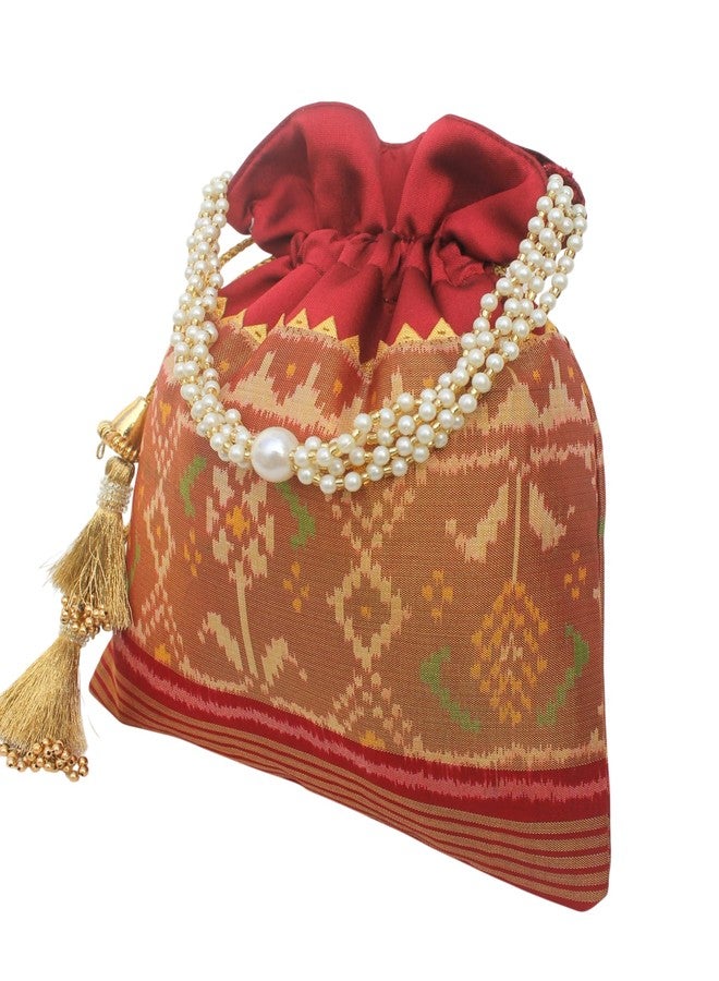 MILAN'S CREATION Pure Patola Silk Potli Bag Single Ikkat/Rajkoti Purse Beautiful Pearl Handle Tassels Women’s Handbag Royal Wedding Festival (Red- Tissue) - Image 3