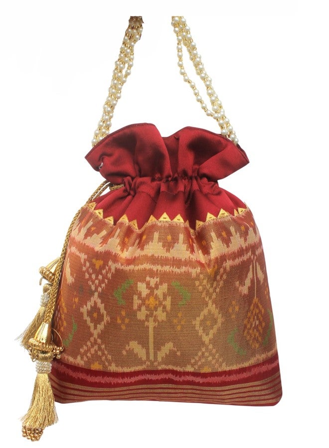 MILAN'S CREATION Pure Patola Silk Potli Bag Single Ikkat/Rajkoti Purse Beautiful Pearl Handle Tassels Women’s Handbag Royal Wedding Festival (Red- Tissue) - Image 2