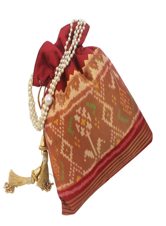 MILAN'S CREATION Pure Patola Silk Potli Bag Single Ikkat/Rajkoti Purse Beautiful Pearl Handle Tassels Women’s Handbag Royal Wedding Festival (Red- Tissue) - Image 4
