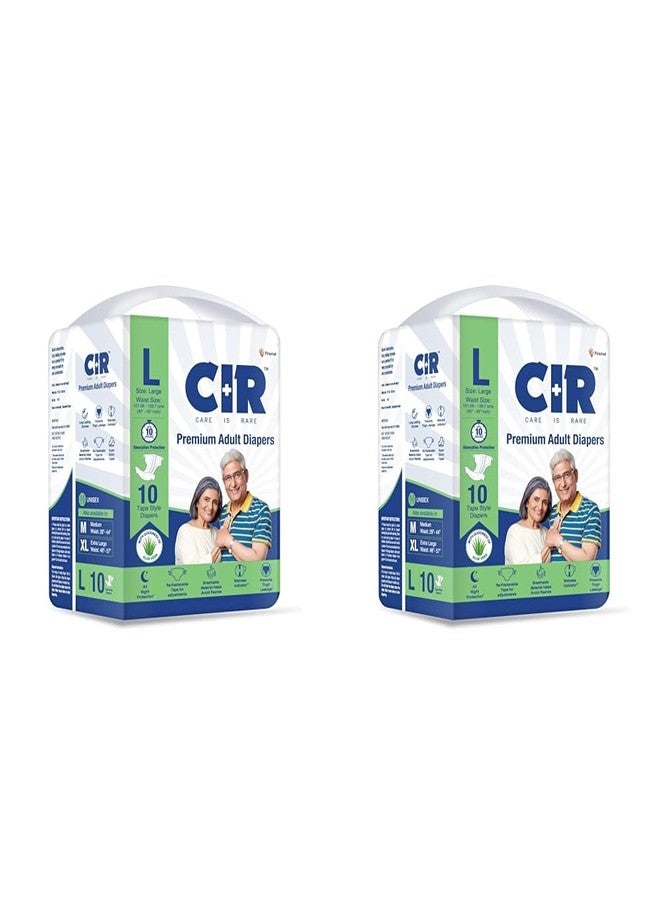 CIR Unisex Premium Adult Diaper-Tape Style All Night Protection With Aloe Vera Large(L) Size Waist(101-140Cm 40"-55") 10 Units (Pack of 2)