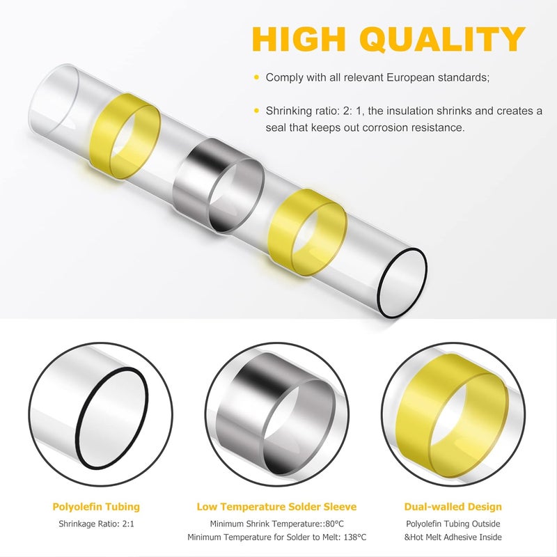 Flytuo 100PCS Solder Seal Wire Connectors, Heat Shrink Solder Butt Connectors, Waterproof Insulated Electrical Butt Splice Wire Terminals for Marine, Aircraft, Boat, Truck, Stereo, Joint - Image 3