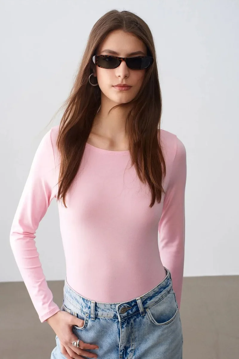 Dilvin Blush Pink DILVIN Slim Fit Boat Neck Bodysuit for Women | Best Price UAE