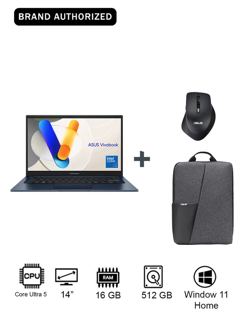 أسوس لاب توب فيفو بوك 14 بشاشة 14 بوصة، مع معالج كور 5 120U/16 جيجابايت رام/512 جيجابايت SSD/رسومات إنتل UHD/ويندوز 11 هوم مع حقيبة وفأرة - Image 1