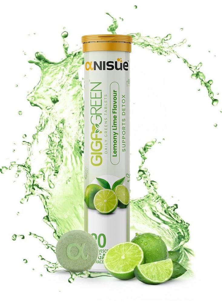 Anisue - Gigagreen Daily Greens Effervescent Tablets for Detox | Lemony Lime | 100% Vegan | Green Juice | Plant based with Vitamins C, B6 & B12 | Pack of 1 - 20 Tablets - Image 1