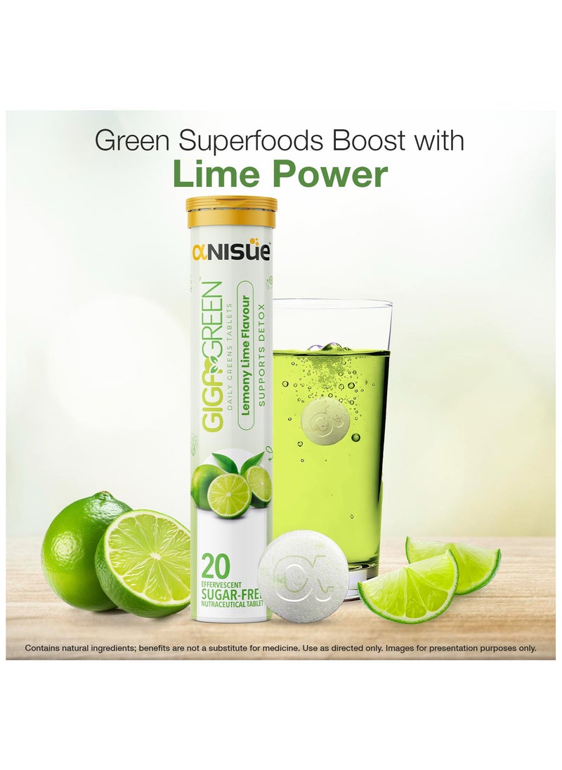 Anisue - Gigagreen Daily Greens Effervescent Tablets for Detox | Lemony Lime | 100% Vegan | Green Juice | Plant based with Vitamins C, B6 & B12 | Pack of 1 - 20 Tablets - Image 1